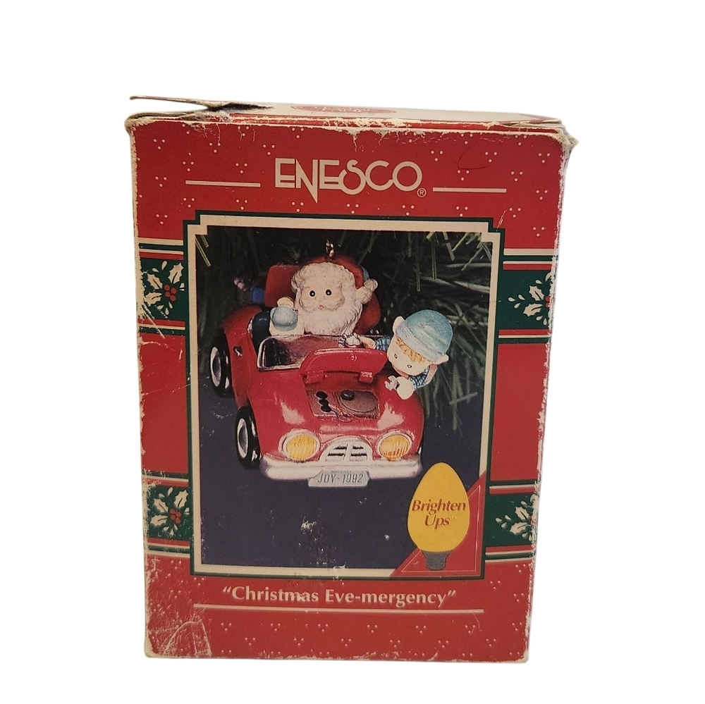 Vintage Enesco Red Christmas Eve-mergency Toy Car Over Light Ornament Santa Elf